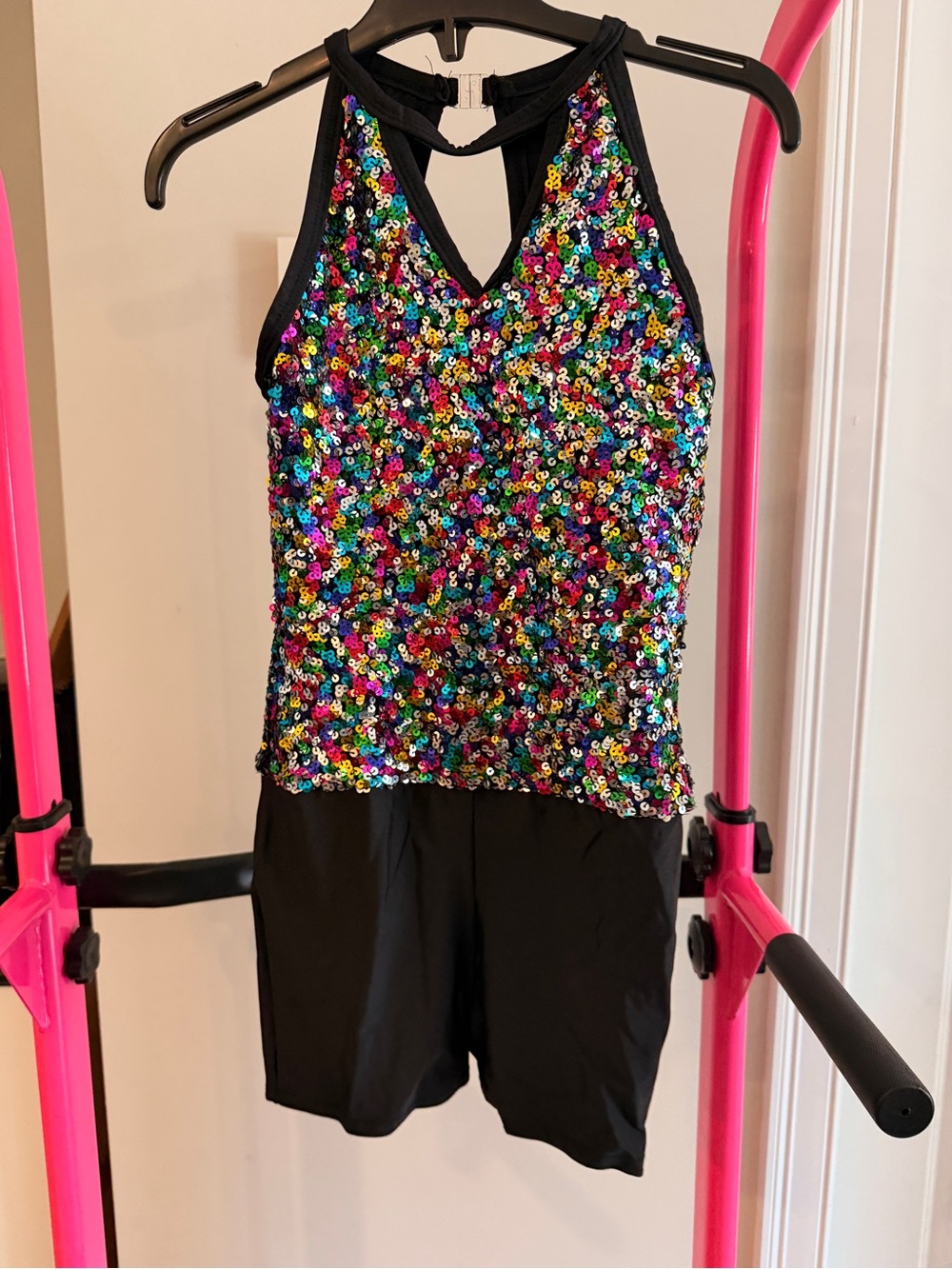 Wish Multicolor Sequin Halter Romper with Black Trim
